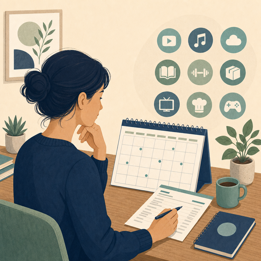 Person marking subscription renewal dates on a calendar next to bank statements